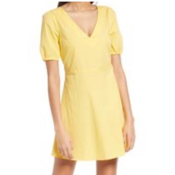 Vero Moda Taya Mini Dress Women's Large Yellow Puff Sleeve Cutout Back NWT‎ - Picture 1 of 9